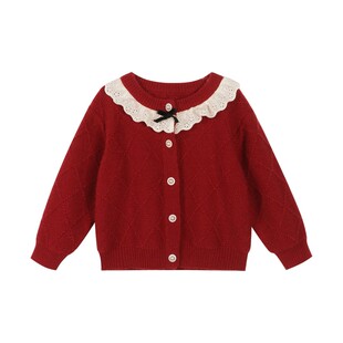 NORNOR 女宝宝红色毛衣2025冬季女宝新年衣服拜年服儿童开衫外套
