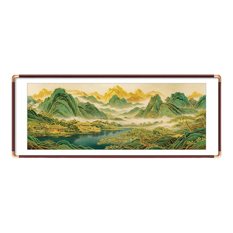 湖山聚福鎏金浮雕山水画客厅沙发背景墙装饰画中式国画办公室挂画