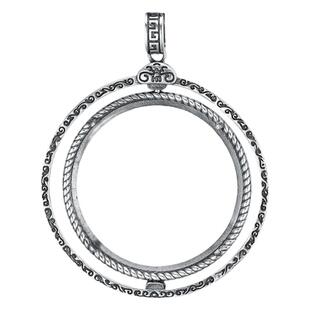 S925纯银旋转吊坠空托复古银元铜钱硬币袁大头包边回纹款山鬼扣托