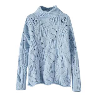 赵今麦同款蓝色镂空半高领毛衣女秋冬宽松慵懒高级感打底针织上衣