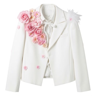 蒋敦豪明星同款手工花短款白色西服外套男演出高定走秀款轻奢套装