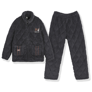 中老年人珊瑚绒男睡衣保暖冬季加绒加厚三层夹棉法兰绒爸爸家居服