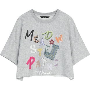 妖精的口袋字母牛仔贴布短袖t恤女2026春新款设计感宽松短款上衣