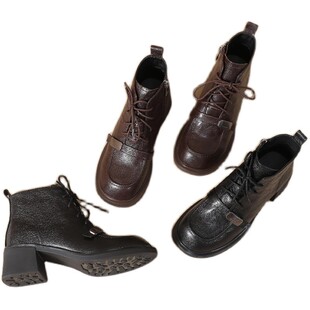 头层牛皮短筒靴子女款士鞋真皮圆头粗跟中跟厚底软底软皮复古百搭