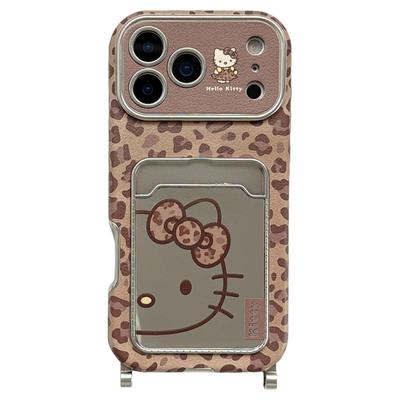 jze 秋冬棕豹纹KT猫补妆镜卡包适用苹果17ProMax手机壳iphone15新款16pro女13手提款15pro大视窗14防摔保护套