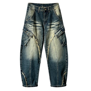 复古蓝水洗做旧毛边弯刀牛仔裤男款重磅潮牌宽松工装阔腿长裤秋冬