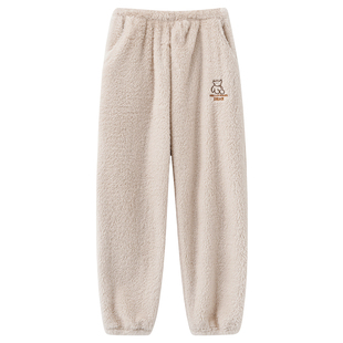 女士珊瑚绒睡裤冬天保暖加绒加厚可外穿双口袋法兰绒加长款男裤子