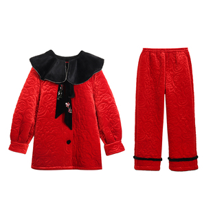 原创新年大红刺绣三层加厚夹棉睡衣两件套宽松加绒家居服套装冬新