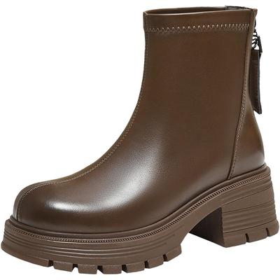 百思图2025冬季商场新款时尚通勤粗跟美拉德棕色女短靴BV316DD5