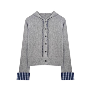 2025新款韩系假两件灰色连帽卫衣外套女秋冬季针织衫毛衣爆款上衣