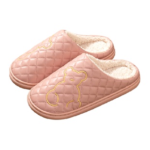 利达妮防水棉拖鞋女冬季2025新款室内家居包跟保暖防滑PU皮拖鞋男