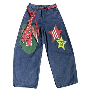 美式印花宽松阔腿牛仔裤hiphop街舞潮牌jazz跳舞裤子春秋百搭长裤