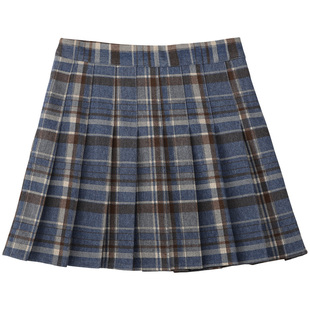 格子百褶裙女秋冬季高腰毛呢a字半身裙显瘦蓝色百搭学院风短裙裤