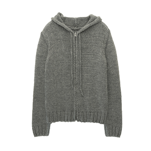 SoloForTwo 磨毛做旧灰色毛衣开衫 粗针麻花连帽拉链外套