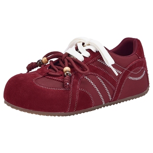 热风薄底休闲鞋女款2025年冬季新款复古红色德训鞋百搭新年女鞋子