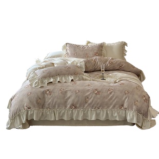 法式复古100支全棉长绒棉磨毛四件套玫瑰纯棉荷叶边被套床上用品4