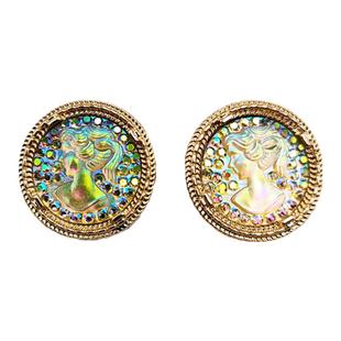 复古人鱼炫彩耳钉宫廷风渐变树脂耳坠图纹圆形耳饰无耳洞耳夹B753