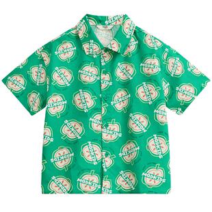 清仓MQD童装男童2025夏印花衬衫绿色水果图案潮酷满版短袖衬衣