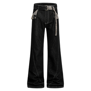 美式千鸟格黑色原牛微喇牛仔裤男高街cleanfit直筒修身设计感裤子