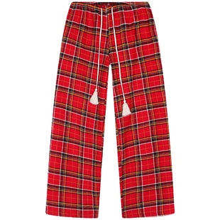 落落狷介加绒裤子女冬季2023新款红色格子阔腿裤系带格子裤小个子
