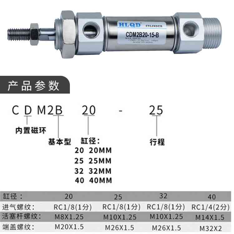 小型迷你气动气缸CM2B/CDM2B20/25/32/40-10-30-50-100-200系列
