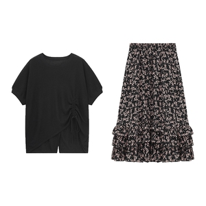 Basic House/百家好法式高级套装不规则抽绳上衣碎花半身裙两件套