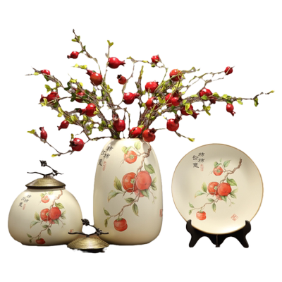 柿柿如意陶瓷花瓶摆件客厅入户玄关装饰电视柜高档新中式古风家居