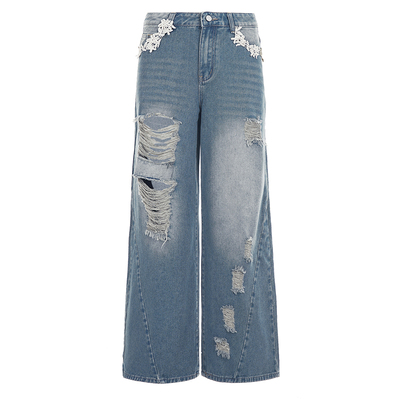 WEEKEEP 街头特色蕾丝拼接破洞水洗牛仔裤女低腰阔腿宽松显瘦长裤