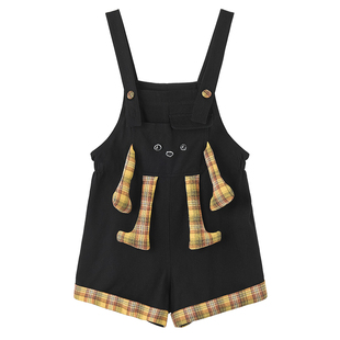 织物猪 香橙小狗 黑色连帽撞色背带裤女夏小个子搞怪创意减龄短裤