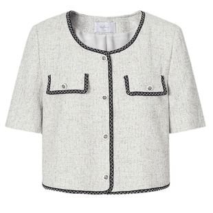 伊芙丽outlets店法式小香风短外套开间无领截短箱型撞色贴边挺括