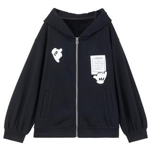 KEIKO 童趣卡通连帽宽松开衫外套2026春季慵懒风黑色加绒拉链卫衣