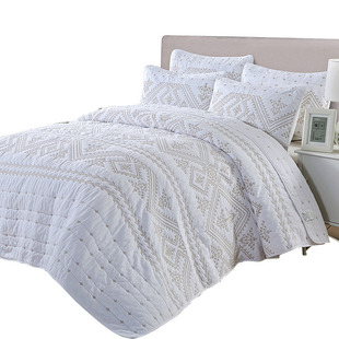 出口欧式全棉复古美式纯色白色绗缝被三件套床上用品夏凉被床盖