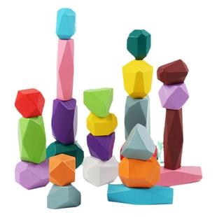 儿童彩色木质原木叠石平衡木制积木鹅卵石头专注力叠叠乐桌游玩具