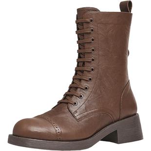 天美意复古西部靴加绒骑士靴女鞋子厚底马丁靴短靴皮靴冬新款