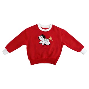 米粒芭 millibar 2026秋冬儿童装刺绣小马年马到成功加绒运动卫衣