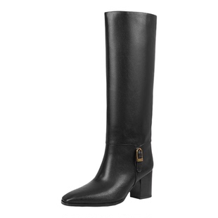 奥莱Nine West/玖熙复古黑色高筒长靴女粗跟直筒通勤长筒女靴