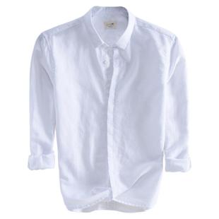 汉絮小方领棉麻长袖衬衫男士商务休闲上衣春季修身男装亚麻白衬衣