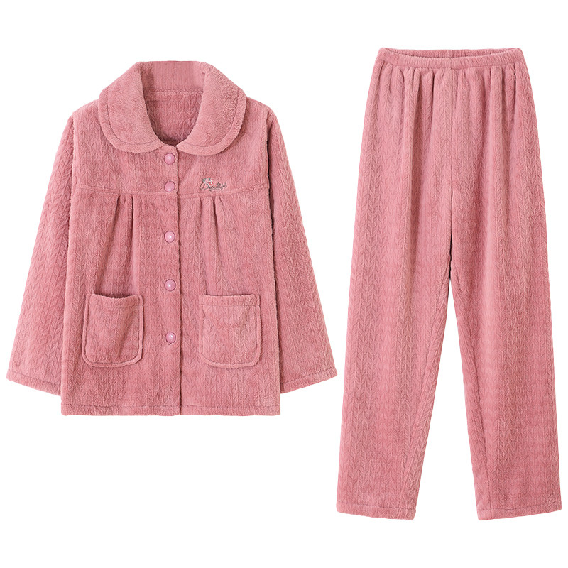 冬季珊瑚绒睡衣女款妈妈加厚保暖秋冬法兰绒加肥加大家居服套装