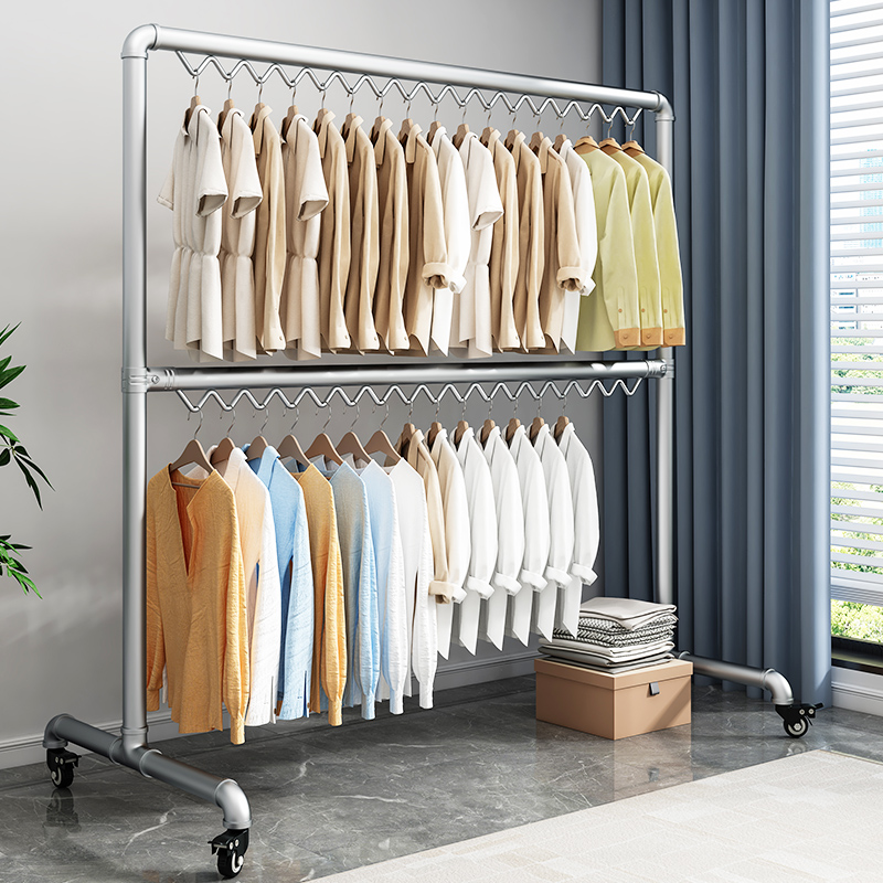 镀锌钢管挂衣架落地卧室家用阳台室外晾衣架带轮子防风晒衣服被子