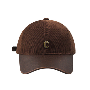 高级感复古灯芯绒拼接皮帽檐字母棒球帽子女百搭显脸小鸭舌帽男潮