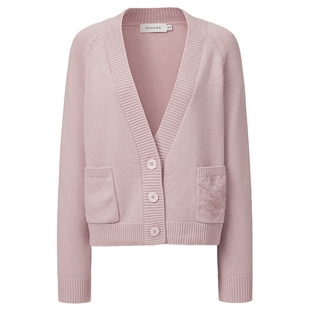 VGRASS维格娜丝秋季立体刺绣设计感百搭羊绒羊毛混纺粉色针织开衫