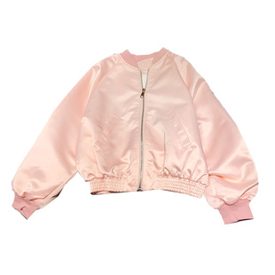 CCA自制时尚博主同款后背字母刺绣缎面棒球服亮面飞行夹克外套女