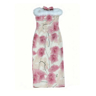 秋冬厚款吊带连衣裙新中式长裙修身气质裙子改良旗袍女粉色锦毛鼠