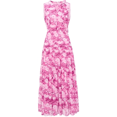 马天奴粉色印花雪纺长款连衣裙