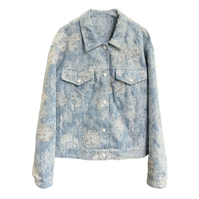 宽松钉珠刺绣蕾丝牛仔夹克外套