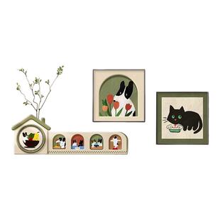 中古风客厅装饰画卡通猫咪沙发背景墙壁画小众艺术多巴胺组合挂画
