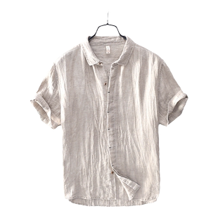 萨法瑞纯麻衬衫男短袖外套2024夏季暗褶男士小众亚麻衬衣男装上衣