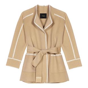 季末7折Maje2025秋冬款女装法式羊毛混纺系带短款双面毛呢大衣