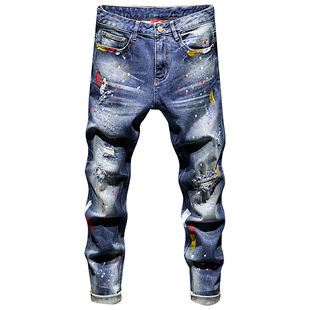 乞丐破洞油漆牛仔裤男款潮牌痞帅高街2025泼墨修身小脚裤秋冬高端