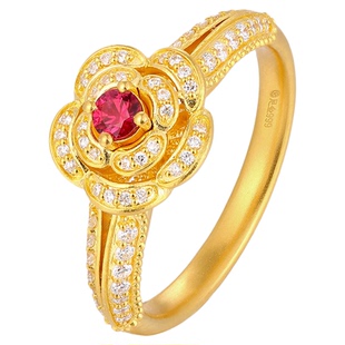 宝石矿工 足金天然红宝石玫瑰花钻石戒指爆款轻奢